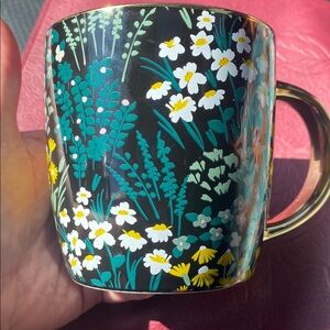 Floral Black Mug with Gold Handle
